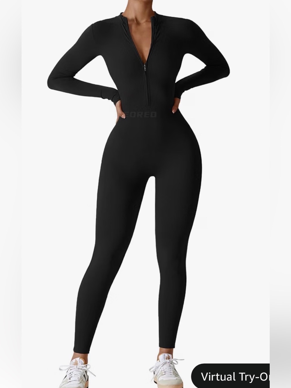 Women's Black Long-Sleeve Zip-Front Jumpsuit